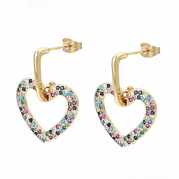 Brass Micro Pave Cubic Zirconia Dangle Stud Earrings, with Earring Backs, Nickel Free, Heart, Real 16K Gold Plated, Colorful, 27.5mm, Pin: 0.8mm