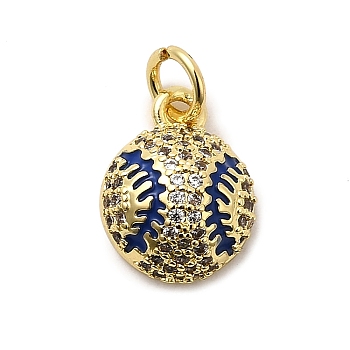 Rack Plating Brass Pendants, with Cubic Zirconia and Enamel, Baseball Charms, Long-Lasting Plated, Lead Free & Cadmium Free, with Jump Ring, Real 18K Gold Plated, Medium Blue, 12.5x10x5mm, Hole: 3.5mm