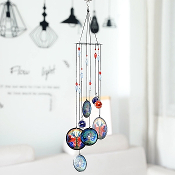 Printed Iron Wind Chime, with Glass Beads, for Outdoor Garden Home Hanging Decoration, Tree of Life, 580mm