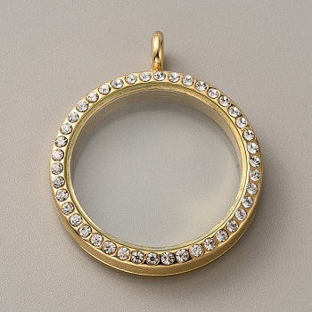 Alloy Crystal Rhinestone Locket Pendants, Double sides with Glass, DIY Accessories for Jewelry Pendant Making, Flat Round, Golden, 43x35x8mm, Hole: 5mm