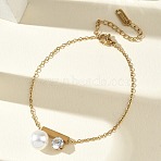 304 Stainless Steel Cuboid Link Bracelets, with Crystal Rhinestone and Acrylic Imitation Pearl, PVD Vacuum Plating, White, Golden, 6.10 inch(15.5cm)(SA-CBA5F76-06G)