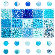 Elite 900Pcs 15 Style Glass Round Beads, Baking Painted & Crackle & Imitation Jade & Drawbench, Blue, 6~6.5mm, Hole: 1.3~1.6mm, 60Pcs/style(DIY-PH0020-95)