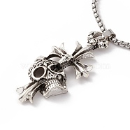 Alloy Skull Cross Pendant Necklace with 304 Stainless Steel Box Chains, Gothic Jewelry for Men Women, Antique Silver & Stainless Steel Color, 23.74 inch(60.3cm)(NJEW-C007-07AS)