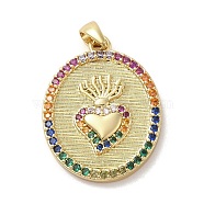 Brass Micro Pave Cubic Zirconia Pendants, Oval with Heart, Real 14K Gold Plated, 23x17.5x2.5mm, Hole: 4x2.5mm(KK-E091-10G)