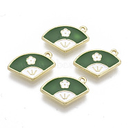 Alloy Charms, with Enamel, Fan with Flower, Light Gold, Green, 10x15x1.5mm, Hole: 1.2mm(PALLOY-S177-77B)