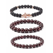 Natural Garnet & Lava Rock Round Beads Stretch Bracelets Set, Cross Brass Micro Pave Cubic Zirconia Beads Bracelets for Men Women, Rose Gold, Inner Diameter: 2-3/8 inch(6cm), 3pcs/set(BJEW-JB06982-01)