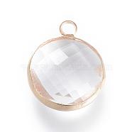 Glass Pendants, with Brass Findings, Faceted, Flat Round, Clear, Golden, 12x8.5x3mm, Hole: 2mm(GLAA-S114-D-09)