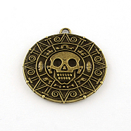 Flat Round with Skull Tibetan Style Alloy Pendants, Cadmium Free & Lead Free, Antique Bronze, 42.5x39x3mm, Hole: 3mm, about 85pcs/1000g(TIBEP-R344-50AB-LF)