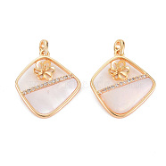 Brass Micro Pave Clear Cubic Zirconia Peg Bails Pendants, for Half Drilled Bead, with Shell, Nickel Free, Quadrangle, Seashell Color, Real 18K Gold Plated, 19x16.5x2.5mm, Hole: 3x1.5mm, Pin: 0.8mm(KK-S356-558-NF)