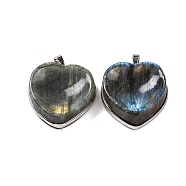 Natural Labradorite Pendants, Heart Charms with Platinum Plated Rack Plating Brass Snap on Bails, 34x31x11mm, Hole: 5x4mm(G-B085-17P)