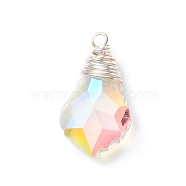 Wire Wrapped Electroplate Glass Pendants, Faceted, Leaf, AB Color Plated, Silver, 33.5x19x9mm, Hole: 3mm(PALLOY-JF01831)