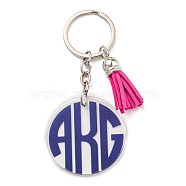 Acrylic Flat Round with Suede Tassel Pendant Keychain, with Iron Key Ring, Dark Blue, 100mm(KEYC-G060-01B)