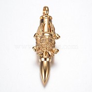 316 Surgical Stainless Steel Big Pointed Pendants, Bullet with Pirate Skull, Golden, 65x20x16mm, Hole: 8mm(STAS-G058-08)