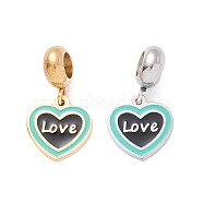 304 Stainless Steel European Dangle Charms, Large Hole Pendants, with Enamel, Golden & Stainless Steel Color, Heart & Word Love, Turquoise, 21mm, Hole: 4.5mm(STAS-I192-16-01)