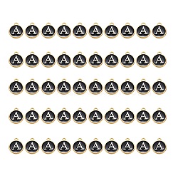 Golden Plated Alloy Charms, with Enamel, Enamelled Sequins, Flat Round, Black, Letter.A, 14x12x2mm, Hole: 1.5mm, 50pcs/Box(ENAM-SZ0001-25B-A)