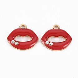 Golden Plated Alloy Enamel Pendants, with Crystal Rhinestones, Lip, Cadmium Free & Lead Free, Red, 15x17x4mm, Hole: 2mm(X-ENAM-T009-91A-RS)