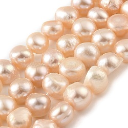 Natural Cultured Freshwater Pearl Beads Strands, Two Sides Polished, Light Salmon, 7~8mm, Hole: 0.5mm, about 25pcs/strand, 6.89''(17.5cm)(PEAR-A006-08B)