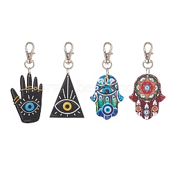 Triangle & Hamsa Hand/Hand of Miriam with Evil Eye Acrylic Pendant Decoration, with Alloy Clasp, Mixed Color, 85~92mm(HJEW-JM00932)