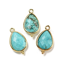 Dyed Natural Turquoise Faceted Pendants, Rack Plating Golden Plated Brass Teardrop Charms, 21x12x5mm, Hole: 1.6mm(G-M431-15G-06-1)