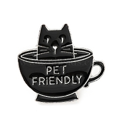 Cat with Cup Enamel Pin, Word Pet Friendly Alloy Badge for Backpack Clothes, Electrophoresis Black, Black, 26.5x29.5x2mm(JEWB-G014-A04-A)