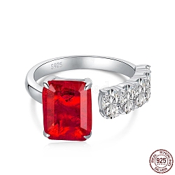 Cubic Zirconia Rectangle Open Cuff Ring, Real Platinum Plated Rhodium Plated 925 Sterling Silver Birthstone Ring with S925 Stamp, Red, 2.1~5mm, US Size 7(17.3mm)(RJEW-F150-65P-01)