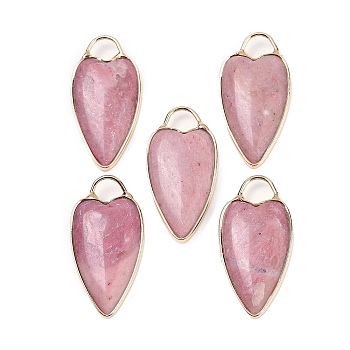 Natural Rhodonite Pendants, with Golden Tone Brass Findings, Heart Charms, 33.5x17x5.5~6.5mm, Hole: 6x5mm