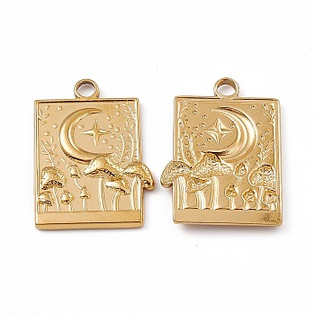 Ion Plating(IP) 304 Stainless Steel Bigs Pendants, Rectangle with Moon and Mushroom, Real 18K Gold Plated, 25x18x2.5mm, Hole: 2.5mm
