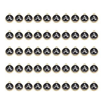 Golden Plated Alloy Charms, with Enamel, Enamelled Sequins, Flat Round, Black, Letter.A, 14x12x2mm, Hole: 1.5mm, 50pcs/Box