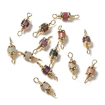 Natural Mixed Gemstone Connector Charms, Column Links with Real 18K Gold Plated Brass Findings, 13~15x4mm, Hole: 1.8~2mm