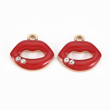 Golden Plated Alloy Enamel Pendants, with Crystal Rhinestones, Lip, Cadmium Free & Lead Free, Red, 15x17x4mm, Hole: 2mm