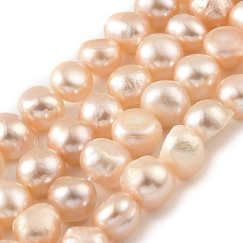 Natural Cultured Freshwater Pearl Beads Strands, Two Sides Polished, Light Salmon, 7~8mm, Hole: 0.5mm, about 25pcs/strand, 6.89''(17.5cm)