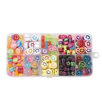 290Pcs Opaque & Transparent Acrylic Beads, Flat Round with Smiling Face, Mixed Color, 7~10x3.5~5mm, Hole: 1.5~2mm, about 10 style/style