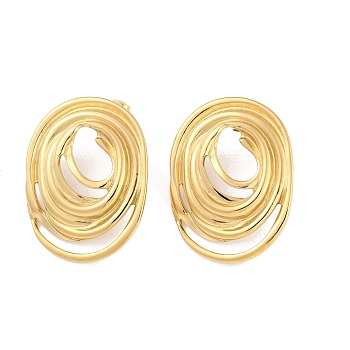 304 Stainless Steel Stud Earrings, Oval with Line, Real 18K Gold Plated, 38x28.5mm