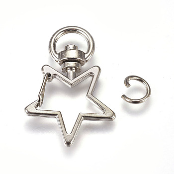 Zinc Alloy Swivel Keychain Clasp Findings, with Open Jump Rings, Star, Platinum, 35x24mm, 8x1mm