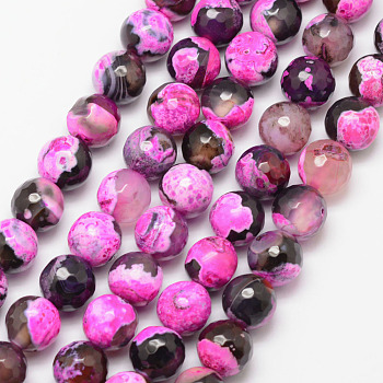 Natural Fire Crackle Agate Bead Strands, Round, Grade A, Faceted, Dyed & Heated, Deep Pink, 10mm, Hole: 1mm, about 37pcs/strand, 15 inch