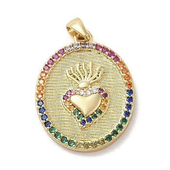 Brass Micro Pave Cubic Zirconia Pendants, Oval with Heart, Real 14K Gold Plated, 23x17.5x2.5mm, Hole: 4x2.5mm
