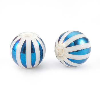 Electroplate Glass Beads, Stripe Round, Blue Plated, 10x9.5~10mm, Hole: 1.2mm, 200pcs/bag