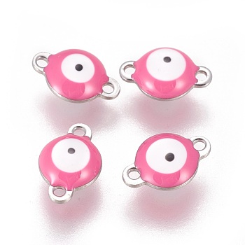 304 Stainless Steel Enamel Links connectors, Flat Round with Evil Eye, Stainless Steel Color, Hot Pink, 12x8x4mm, Hole: 1.4mm