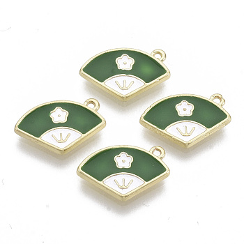 Alloy Charms, with Enamel, Fan with Flower, Light Gold, Green, 10x15x1.5mm, Hole: 1.2mm