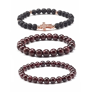 Natural Garnet & Lava Rock Round Beads Stretch Bracelets Set, Cross Brass Micro Pave Cubic Zirconia Beads Bracelets for Men Women, Rose Gold, Inner Diameter: 2-3/8 inch(6cm), 3pcs/set