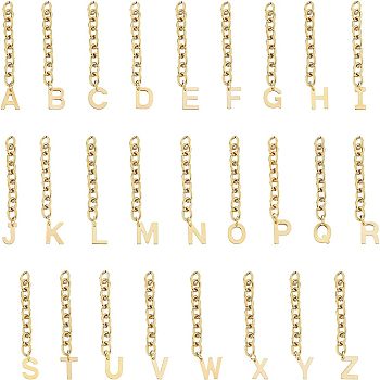 Unicraftale 304 Stainless Steel Chain Extender, with Cable Chain and Alphabet Charms, Letter A~Z, Golden, 67.5mm, Link: 8x6x1.3mm, Hole: 5.3x3.3mm, 26pcs/set, 1set/Box