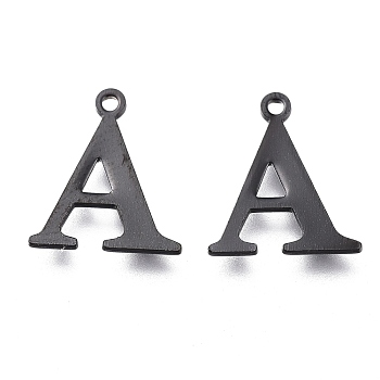 304 Stainless Steel Charms, Laser Cut, Alphabet, Electrophoresis Black, Letter.A, 12.5x10.5x0.8mm, Hole: 1mm