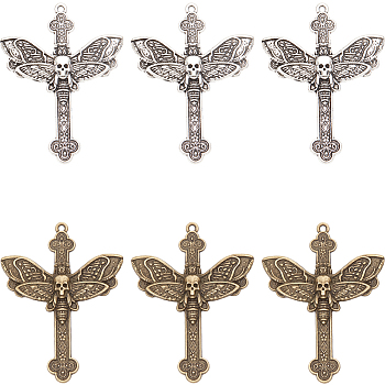 40Pcs 2 Colors Tibetan Style Alloy Big Pendants, Cross with Moth Charm, Mixed Color, 54x40.5x2.5mm, Hole: 1.6mm, 20pcs/color