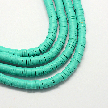 Handmade Polymer Clay Heishi Beads, Disc/Flat Round, Medium Spring Green, 8x0.5~1mm, Hole: 2mm, about 380~400pcs/strand, 17.7 inch