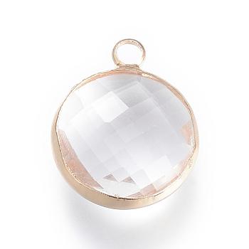 Glass Pendants, with Brass Findings, Faceted, Flat Round, Clear, Golden, 12x8.5x3mm, Hole: 2mm
