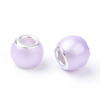 Glass ABS Plastic Imitation Pearl European Beads, Large Hole Beads, Rondelle, with Silver Color Plated Brass Cores, Lilac, 11.5~12x9~10mm, Hole: 5mm