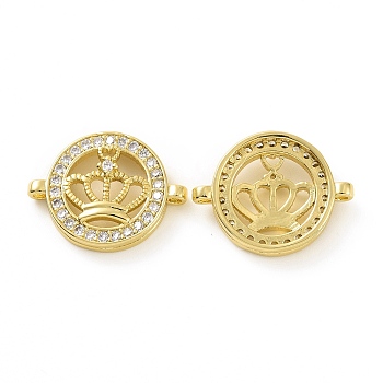 Rack Plating Brass Micro Pave Clear Cubic Zirconia Connector Charms, Long-Lasting Plated, Cadmium Free & Lead Free, Flat Round Links with Crown Pattern, Real 18K Gold Plated, 16x20.5x4mm, Hole: 1.5mm