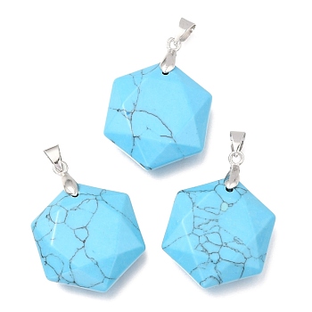 Faceted Synthetic Turquoise Pendants, with Platinum Tone Brass Findings, Hexagon, 28x25x9mm, Hole: 4x5mm
