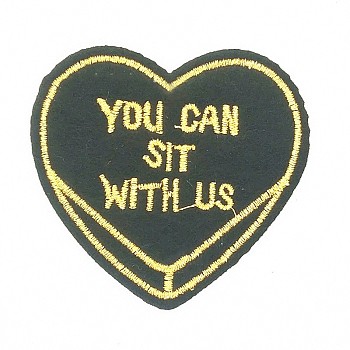 Computerized Embroidery Cloth Iron on/Sew on Patches, Costume Accessories, Heart with Word You Can Sit with us, Black, 6.6x6.9cm