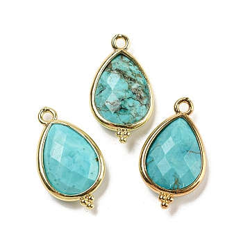 Dyed Natural Turquoise Faceted Pendants, Rack Plating Golden Plated Brass Teardrop Charms, 21x12x5mm, Hole: 1.6mm